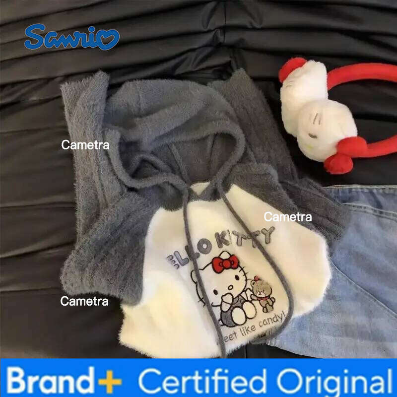 Sanrio Anime Cute Hello Kitty Women Sweater Cartoon Y2K Loose Warm Kawaii Girl Hooded Sweatshirt Fashion Sweet Comfortable Woman Clothe H260112