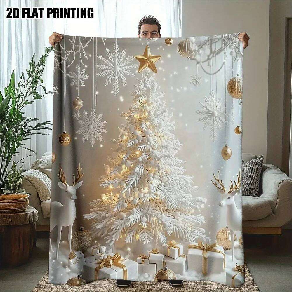 Christmas Deer Flannel Throw Blanket, Winter Wonderland Design in White Gold, Plush All Season for Sofa Bed, Festive Decor Gift XJ260112