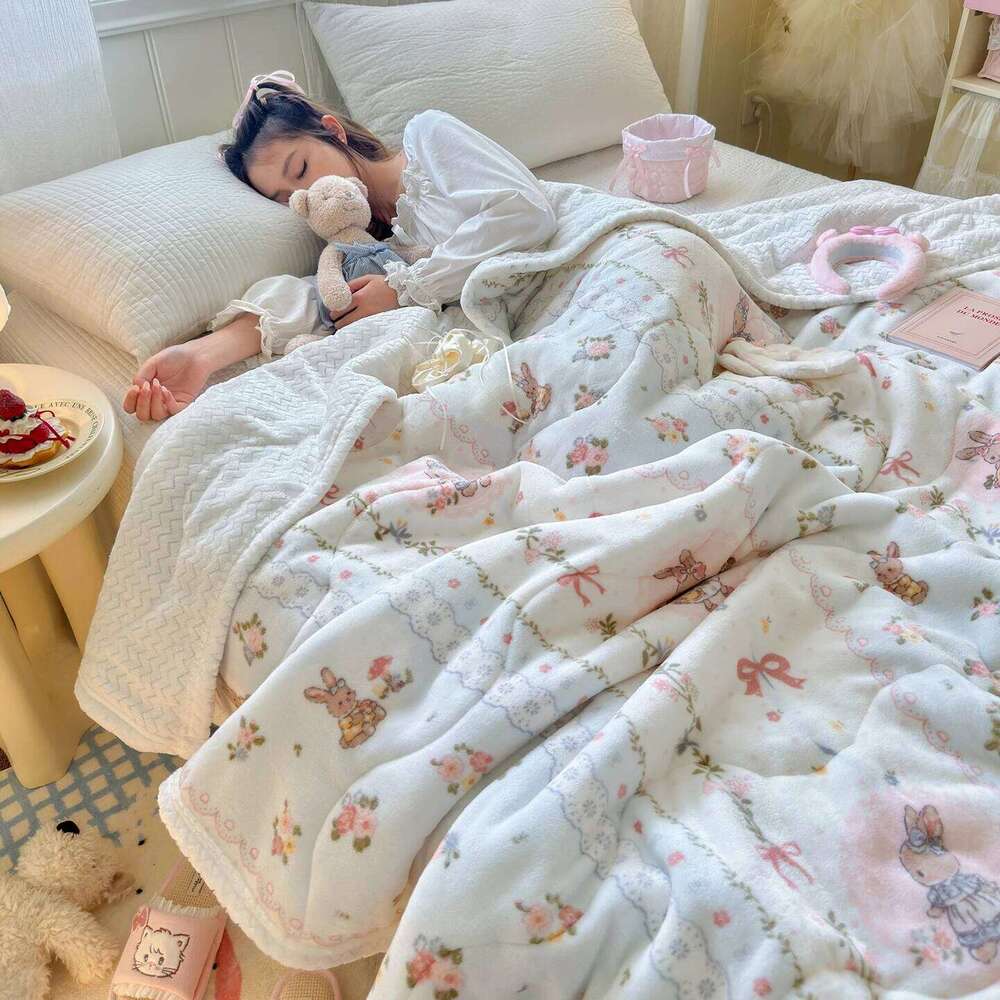 Cartoon Rabbit Print Flannel Winter Warm Cozy Throw Blanket for Bed Sofa Travel Floral Printed Soft Plush Blankets XJ260112