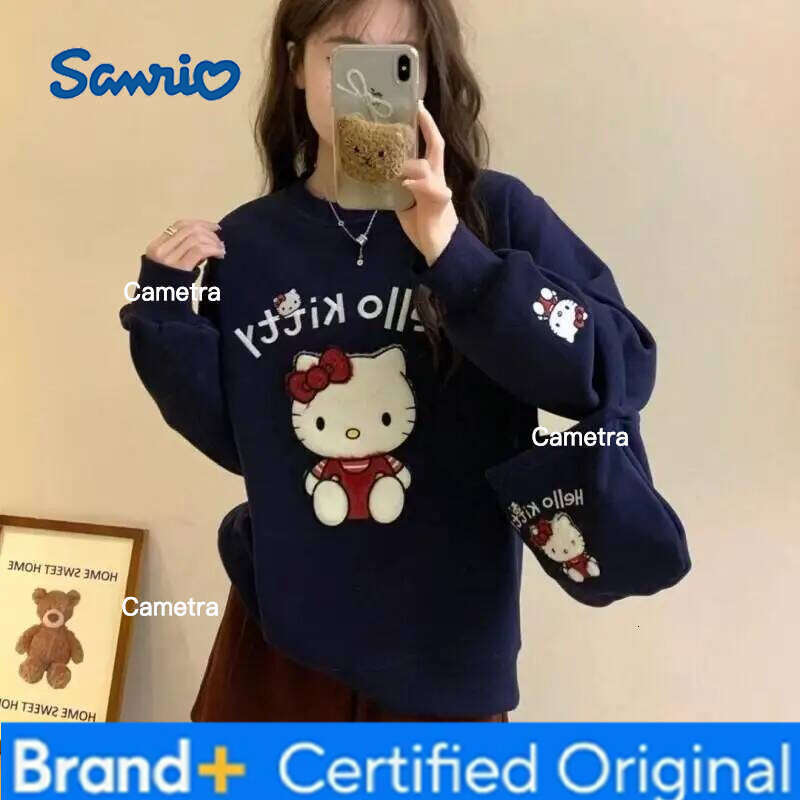 Sanrio Hello Kitty Kawaii Anime Fashion Casual Embroidered Round Neck Sweatshirt With Loose Knit Long Sleeves Women's Pajamas H260112