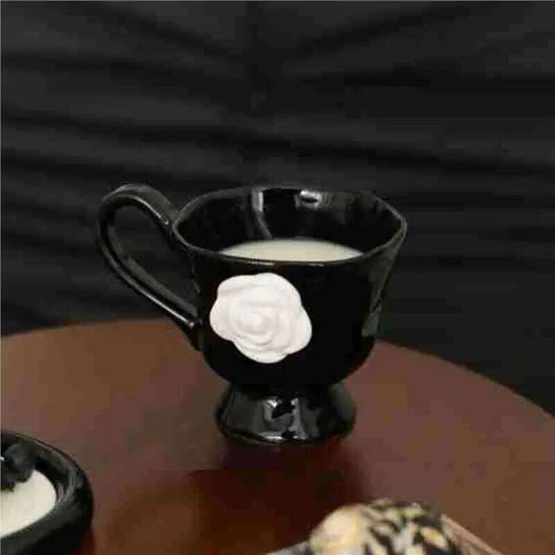 A03F- Mug Camellia Embossed French Household Style Breakfast Milk Office Coffee Cup, Retro Design With Handle