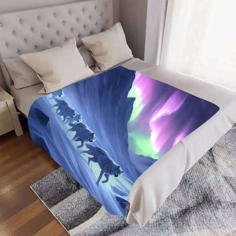 1pc Aurora Pack Digital Printed Design Blanket - All-Season Soft Flannel Throw with Vibrant Northern Lights & Wolf Silhouet XJ260112