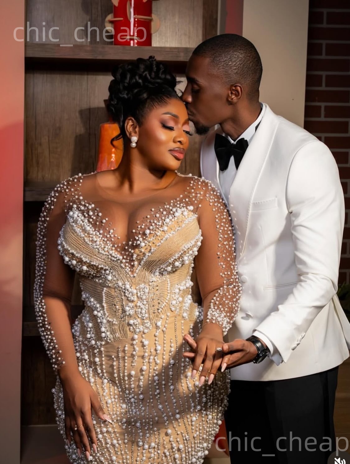 Aso Ebi Champagne Mermaid Prom Dresses 2026 Illusion Pearls Sheer Neck Evening Formal Party Second Birthday Engagement Gowns Dress For Special Occasio