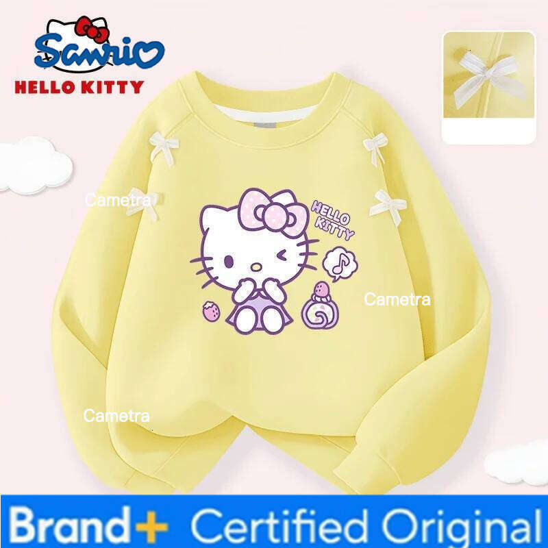 Sanrio Hello Kitty Kids Clothes Round-neck Cotton Comfortable Pullovers Stylish Cute Pattern Bow Decor Sweatshirt Long-sleeved T-shirt H260112
