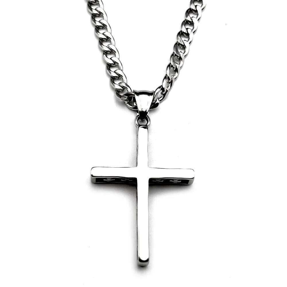 HNSP 316L Stainless Steel Solid Christian Cross Pendant Necklace For Men With Cuban link Chain Jewelry Accessories Gift H260112