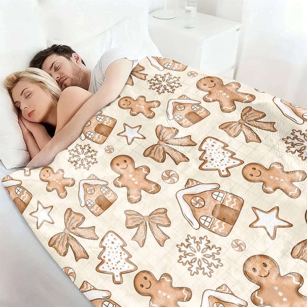 Christmas Gingerbread Man & Cookie Pattern Fleece Cozy Throw for Couch Bed Blanket with Gingerbreadfor Home Gift XJ260112