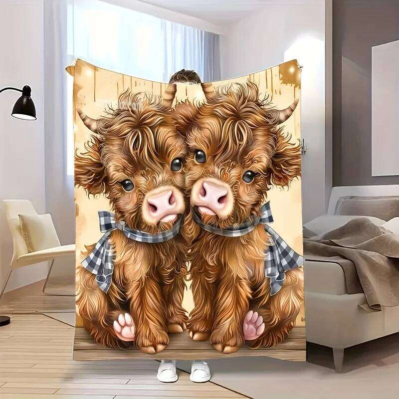 Cute Cartoon Highland Cow Flannel Blanket Soft Warm All-Season Throw | Perfect for Sofa Bed Office Travel XJ260112