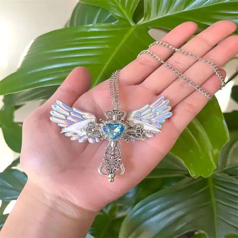 Y2K Inspired Gothic Wings and Cross Pendant Punk Choker Necklace, Heart Shaped Faux Zirconia - Perfect Valentine's Day Gift H260112