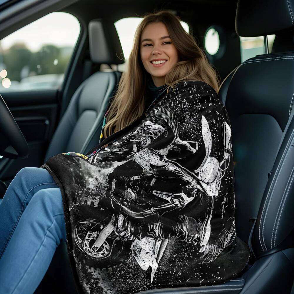Motorcycle Rider Dirt Bike Action Fleece Black White Graphic Throw Blanket Biker Theme Soft Plush Bedding Gift for Men XJ260112