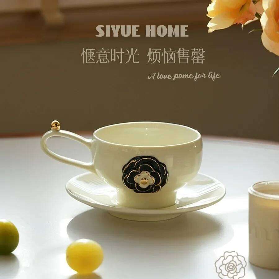 Camellia Ceramic Light Luxury Niche Premium Coffee Cup and Saucer Set Household Afternoon Tea Latte Cup 280ml