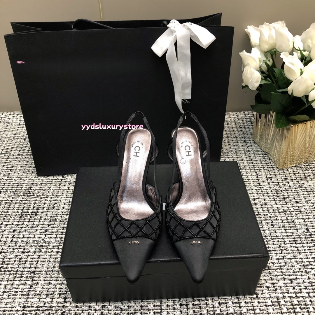 2026 Designer heels Vintage Double C Pointed Toe High Heels Back Lace-up Elegant Party Pumps And Sandals high quality Women's Wedding Shoes