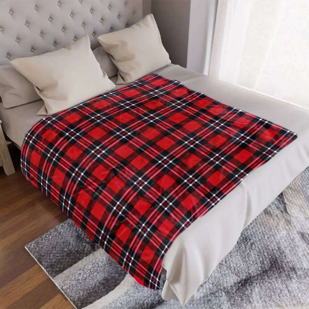 Classic Tartan Plaid Throw Blanket - Bright Red with Black White Checkered Pattern, Symmetrical Traditional Design, Soft & XJ260112