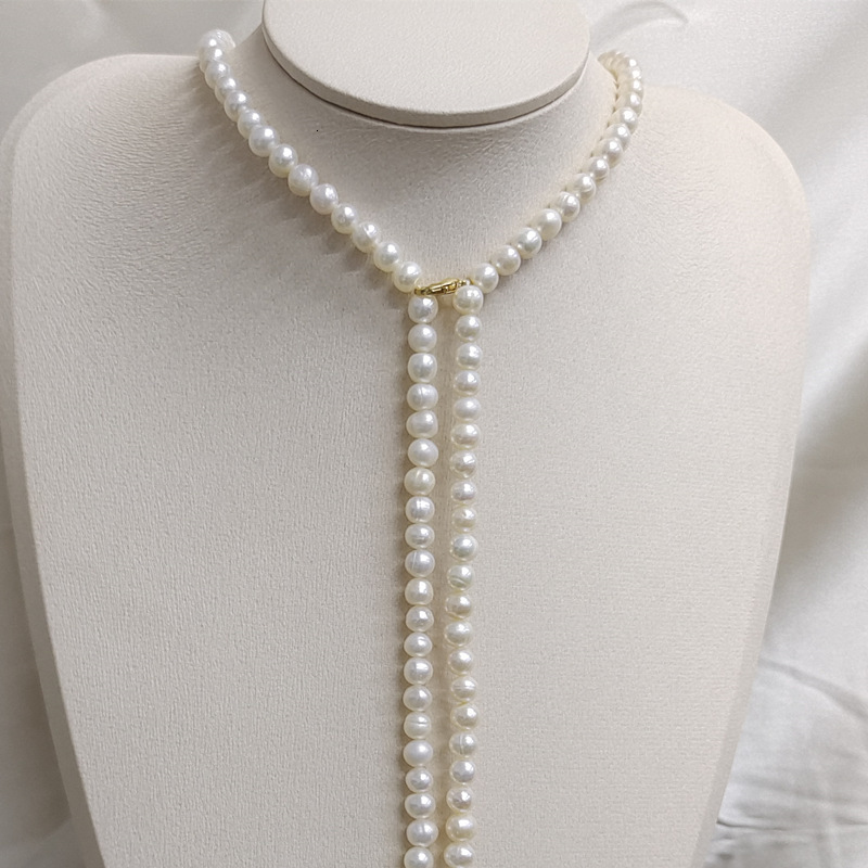 GuaiGuai Jewelry 2 Rows Cultured White Rice Pearl Teardrop Keshi Pearl Lariat Long Sweater chain Necklace Handmade For Women 240518