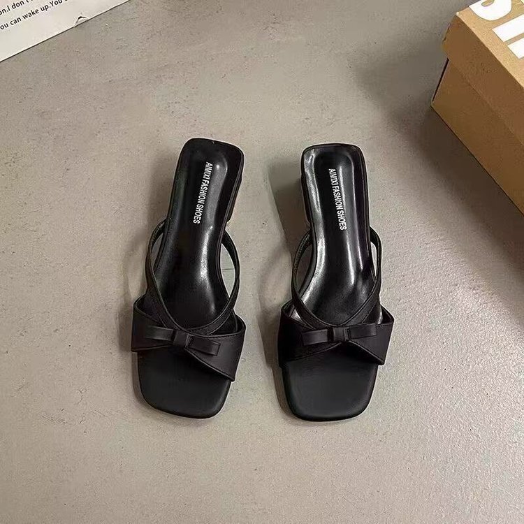 Ddmybagsvip French Bowknot One Strap Fairy Open Toe Slippers Summer Dress Outer Wear Square High Heel Sandals Outdoor Shoes