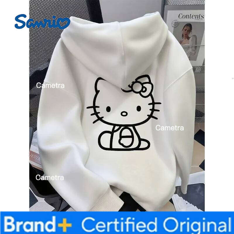 Sanrio New Hello Kitty Cartoon Print Hooded Fleece Sweater, Casual Style, Unisex, Warm Quick-drying for Autumn and Winter. H260112