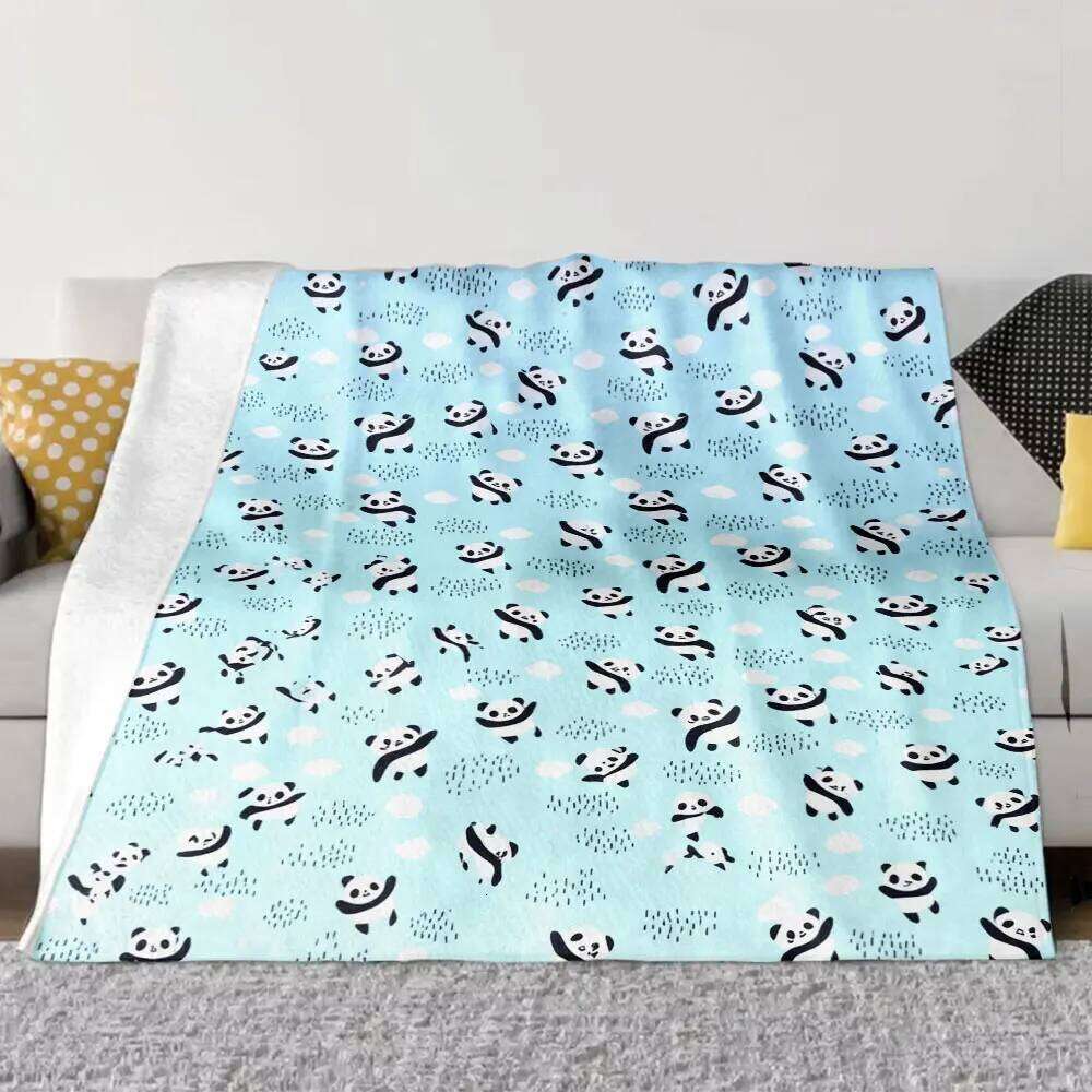 Light Blue Whimsical Panda Throw - Soft, Cosy Printed Blanket with Cute Pandas, Scattered Clouds & Dotted Patt XJ260112