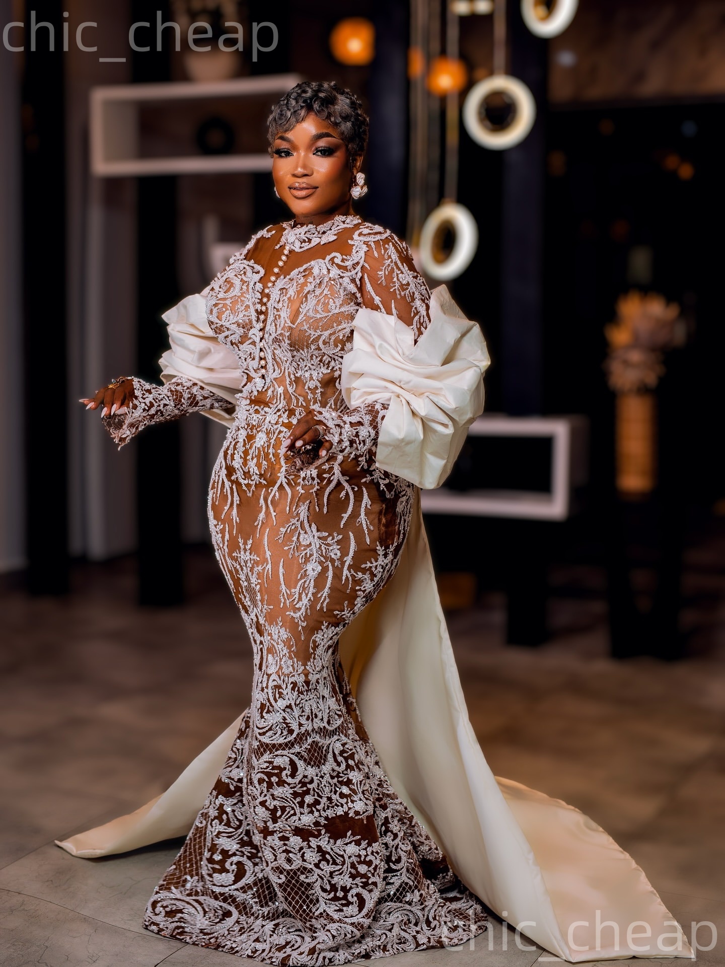 African Aso Ebi 2026 Ivory Mermaid Wedding Dress Illusion Sequined Lace With A Wrap Vintage Elegant Bridal Gowns Dresses ZJ2277