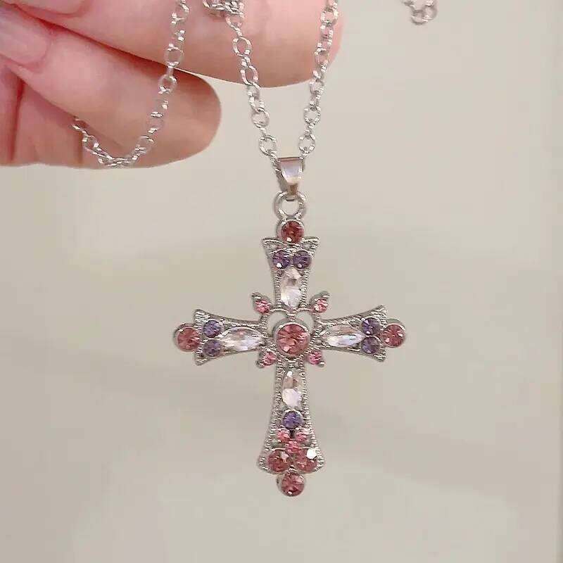 New Fashion Trendy Pink Zircon Cross Pendant for Women Crystal Chain Necklace The Spice Girl Party Jewelry H260112