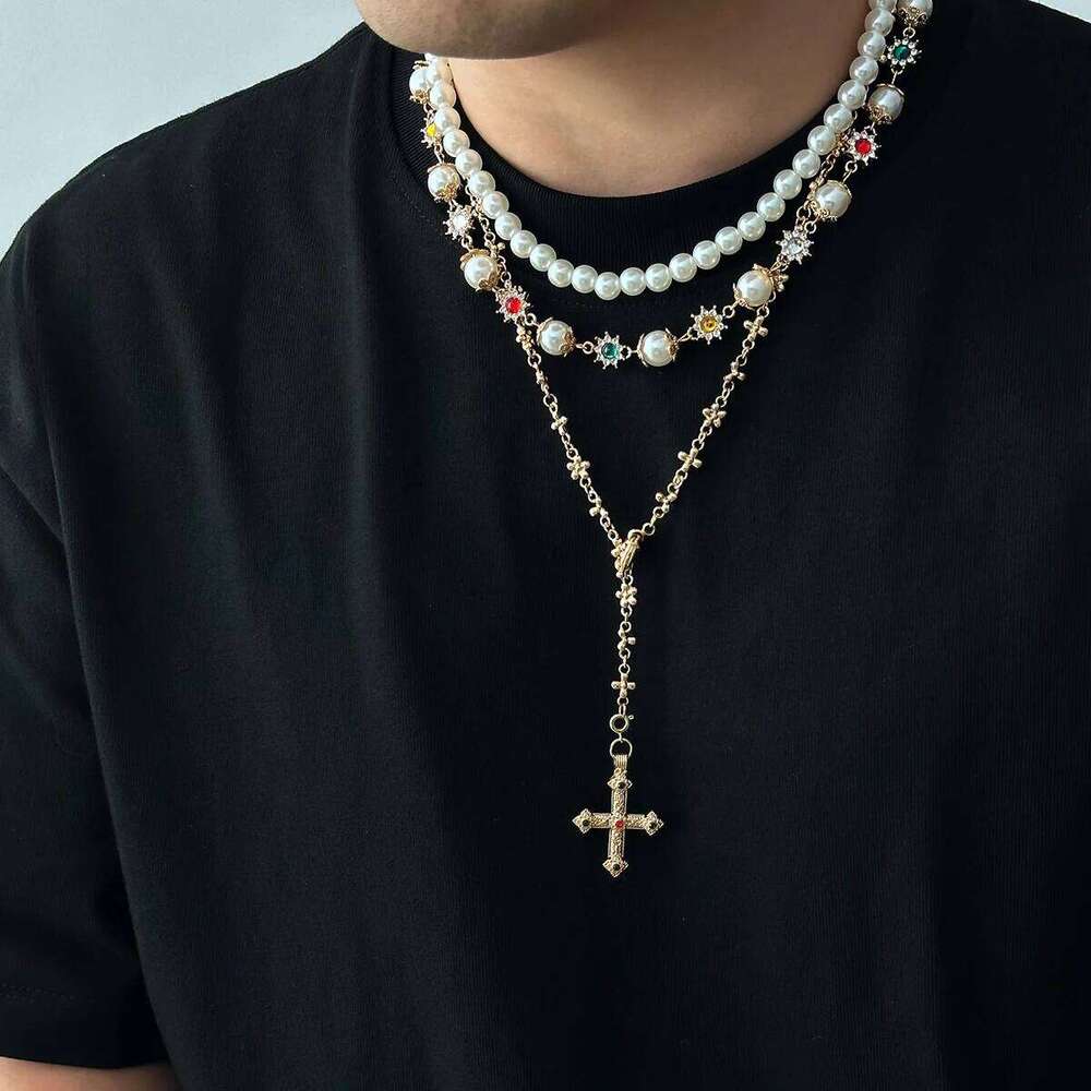 Ingemark 3Pcs/Set Creative Rhinestone Imitation Pearl Chain Necklace for Men Goth Jesus Cross Pendant Choker Y2K Jewelry Gifts H260112