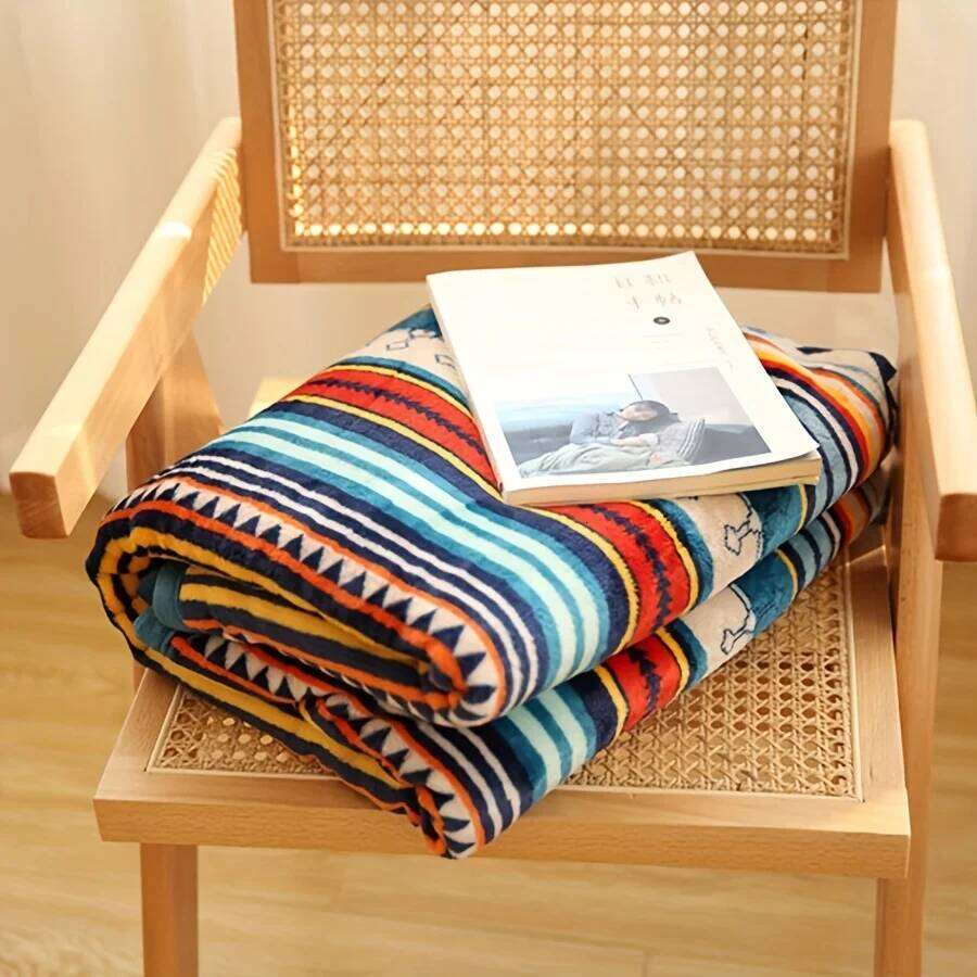 Nordic Stripe Fleece Blanket - Double Layer Thick Warm Boho Style for Sofa, Bed, Camping & Desk. XJ260112