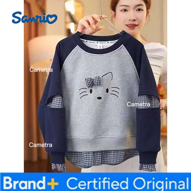 Sanrio Hello Kitty Kpop Sweatshirt 2025 New Autumn and Winter Plaid Tops Girls Long Sleeve Children's Clothing H2601121