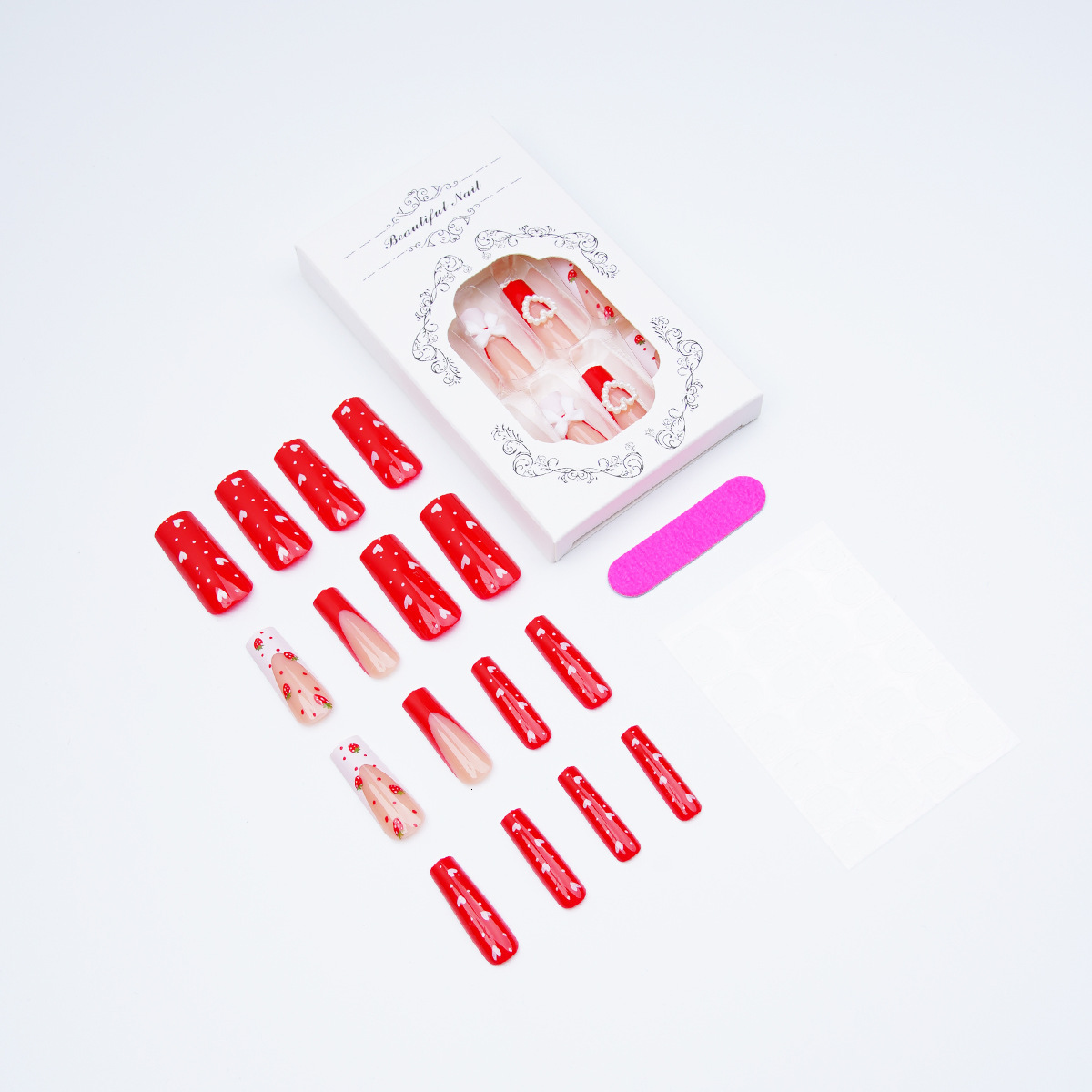 Wearable Nails Pearl Bow And Red Heart Strawberry French Wearable Nails Nail Stickers