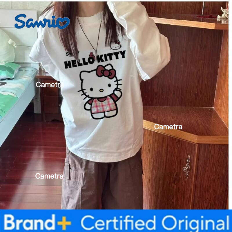 Sanrio Hello Kitty Women's T-Shirt Kawaii Cartoon Student Autumn Long Sleeves Loose Cotton Tops Fashion Woman Clothing New H2601121
