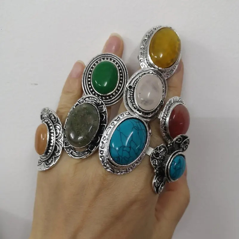 10Pcs/Lot Natural Stone Rings For Women/Men Mix Style Vintage Carved Silver Plated Ring Fashion Party Jewelry Gift 260107
