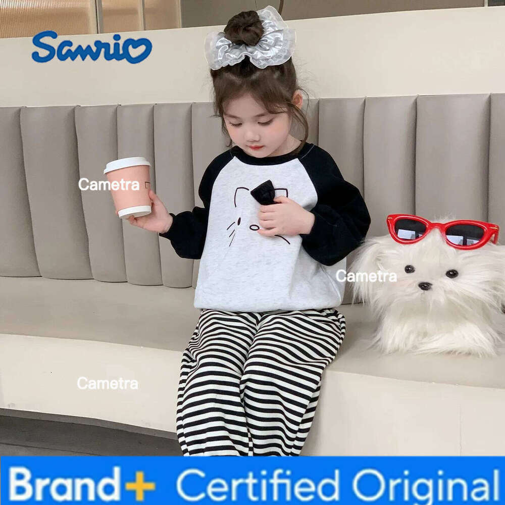 Sanrio Anime HelloKitty Girls' Spring and Autumn Fashion Stripe Two Piece Set Girl cartoon cute sweet cotton casual T-shirt set H260112