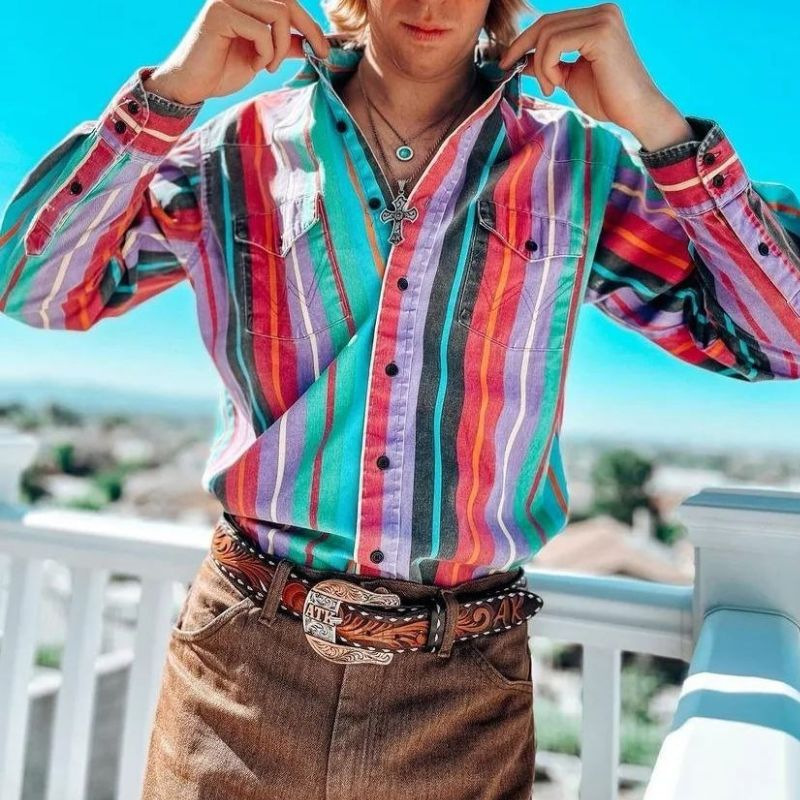 Men's Long Sleeve Western Denim Shirt, Outdoor Casual Party, HD Pattern, Soft And Comfortable Button Lapel T-shirt