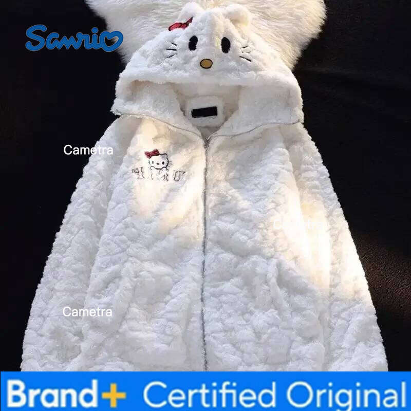 Sanrio Hot Kawaii Hello Kitty Hooded Sweatshirt Girls Long-Sleeved Tops Cute Pure White Cotton Loose Furry Zipper Jacket Winter Wear H260112