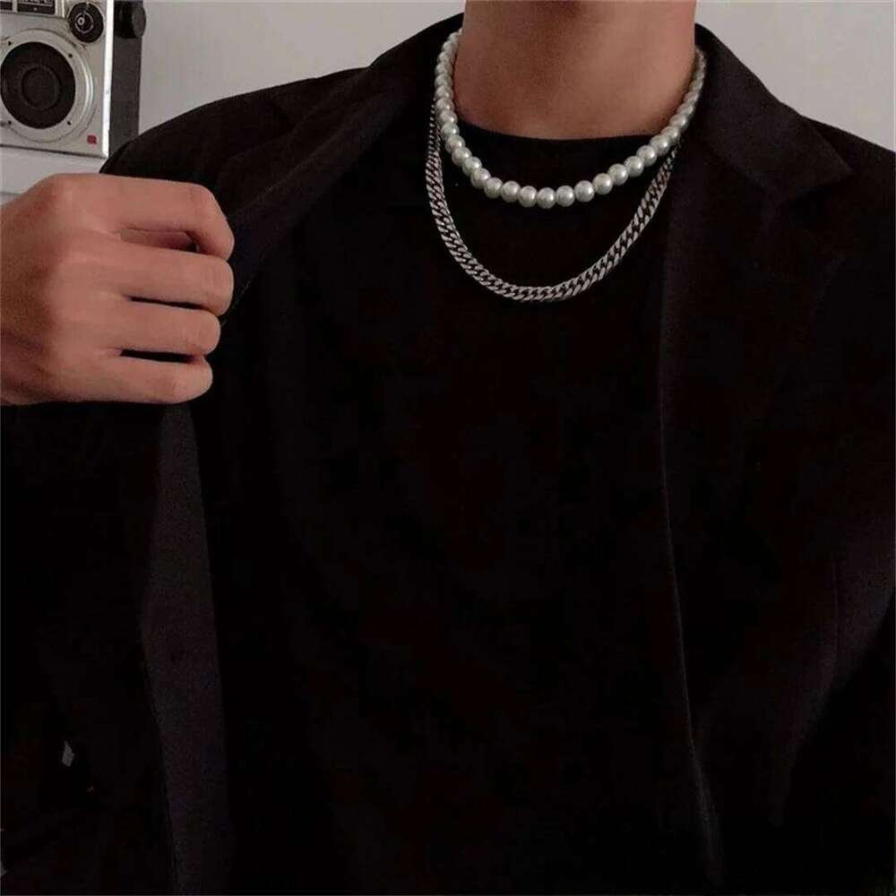 Punk Pearl Beads Chain Spikes Cross Pendant Men Hiphop Layered Stainless Steel Choker Necklace Set New Fashion Jewelry H260112