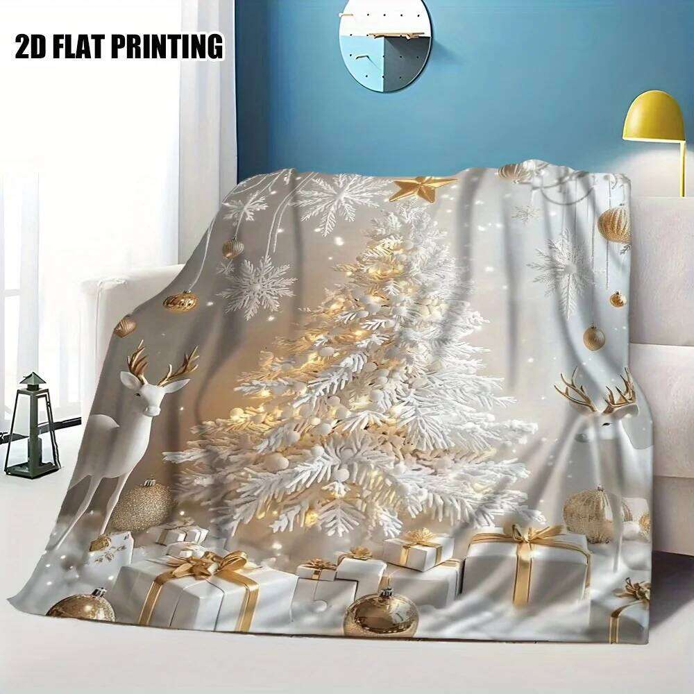Christmas Deer Flannel Throw Blanket, Winter Wonderland Design in White Gold, Plush All Season for Sofa Bed, Festive Decor Gift XJ260112