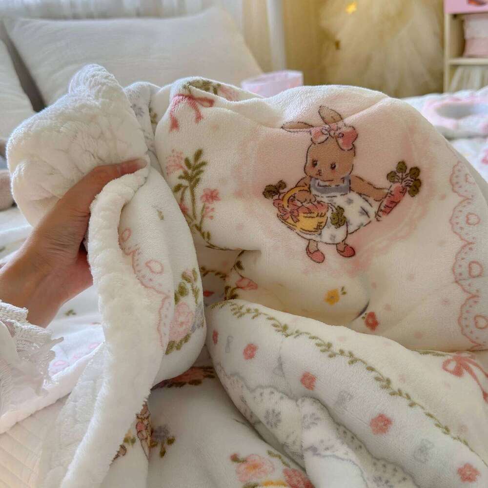 Cartoon Rabbit Print Flannel Winter Warm Cozy Throw Blanket for Bed Sofa Travel Floral Printed Soft Plush Blankets XJ260112