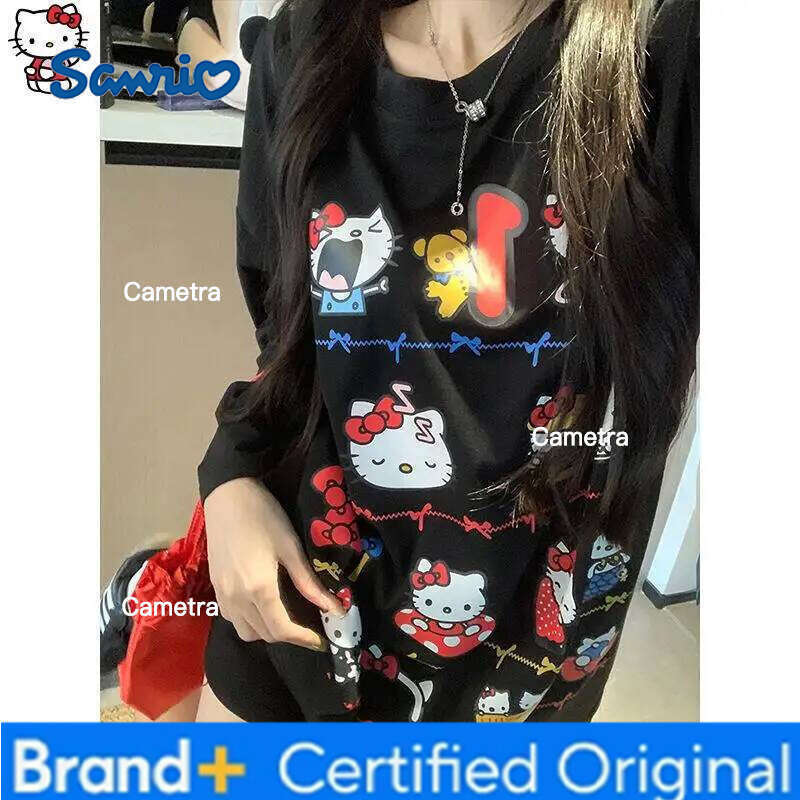 Sanrio HelloKitty Girl Kawaii Anime Fashion Student Casual Long-Sleeved Autumn and spring shirt Round neck Pullover New tops H260112