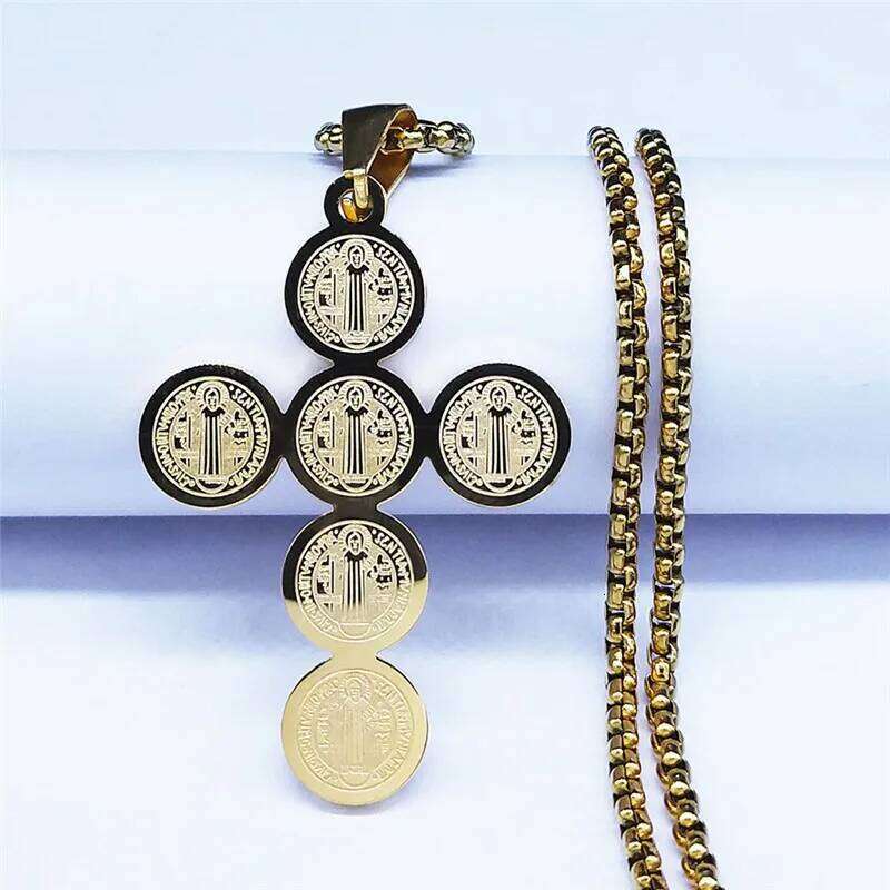 HNSP Stainless Steel Saint Benedict Cross Necklace Pendant For Men Women Jewelry Accessory Religion Gifts H260112