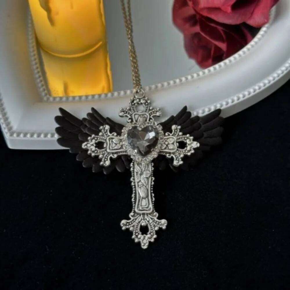 Y2K Gothic Angel Wings Cross Necklace Punk Long Chain Lolita Dark Aesthetic Choker for Women and Teens H260112