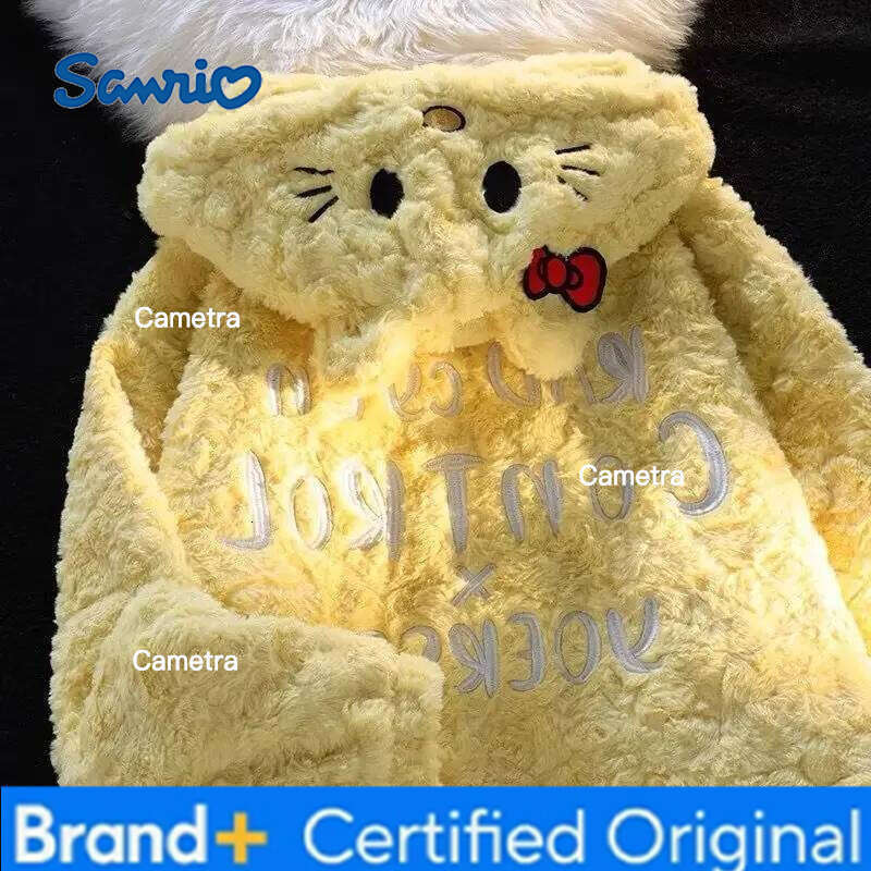 Sanrio Hot Kawaii Hello Kitty Hooded Sweatshirt Girls Long-Sleeved Tops Cute Pure White Cotton Loose Furry Zipper Jacket Winter Wear H260112