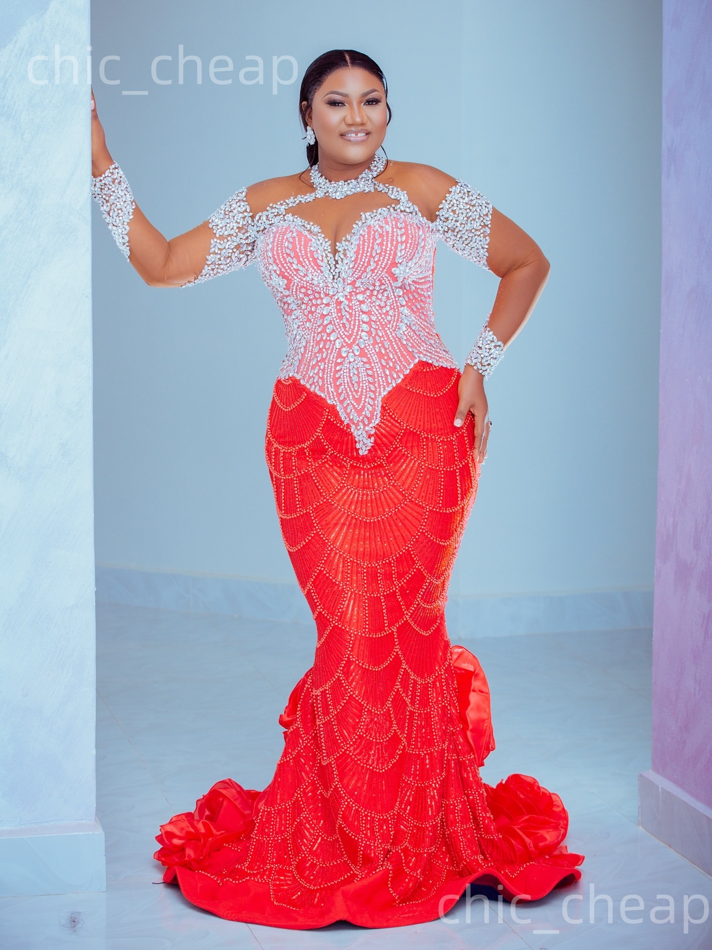 Aso Ebi Red Mermaid Prom Dresses 2026 Beaded Crystals Full Sleeves Sequined Evening Formal Party Second Birthday Engagement Gowns Dress For Special Oc