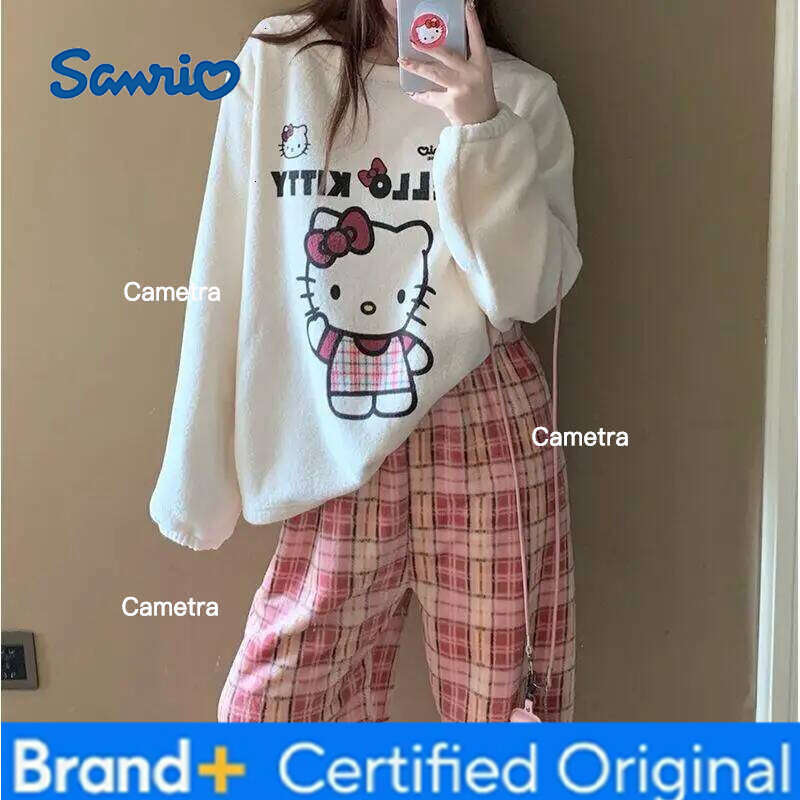 Sanrio Hello Kitty Pajamas Set Coral Cartoon Fleece Lined Thickened New Winter Women's Cozy Home Sleepwear Loungewear H260112
