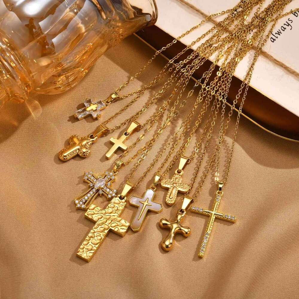 Vnox Christian Religion Necklaces For Women Men, Zircon Cross Pendant Charm Necklace, Classic Gold Plated Jewelry H260112