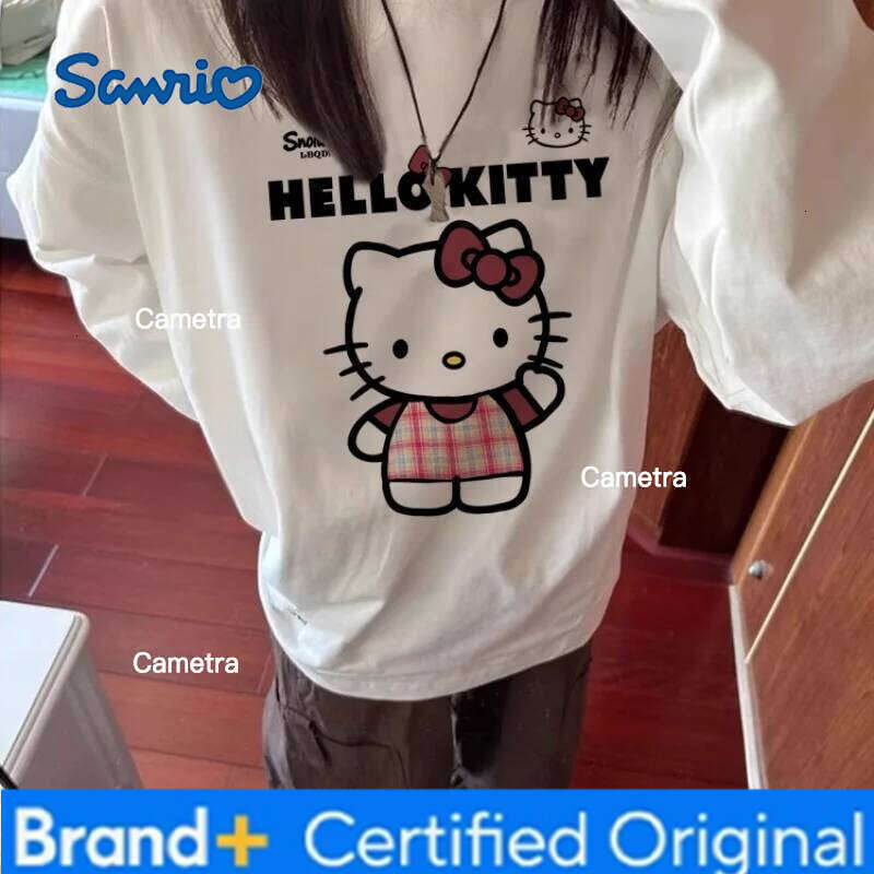 Sanrio Hello Kitty Women's T-Shirt Kawaii Cartoon Student Autumn Long Sleeves Loose Cotton Tops Fashion Woman Clothing New H260112