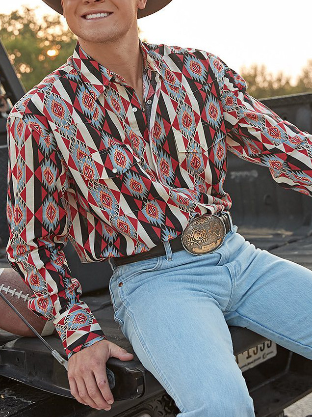 Men's Long Sleeve Western Denim Shirt, Outdoor Casual Party, HD Pattern, Soft And Comfortable Button Lapel T-shirt