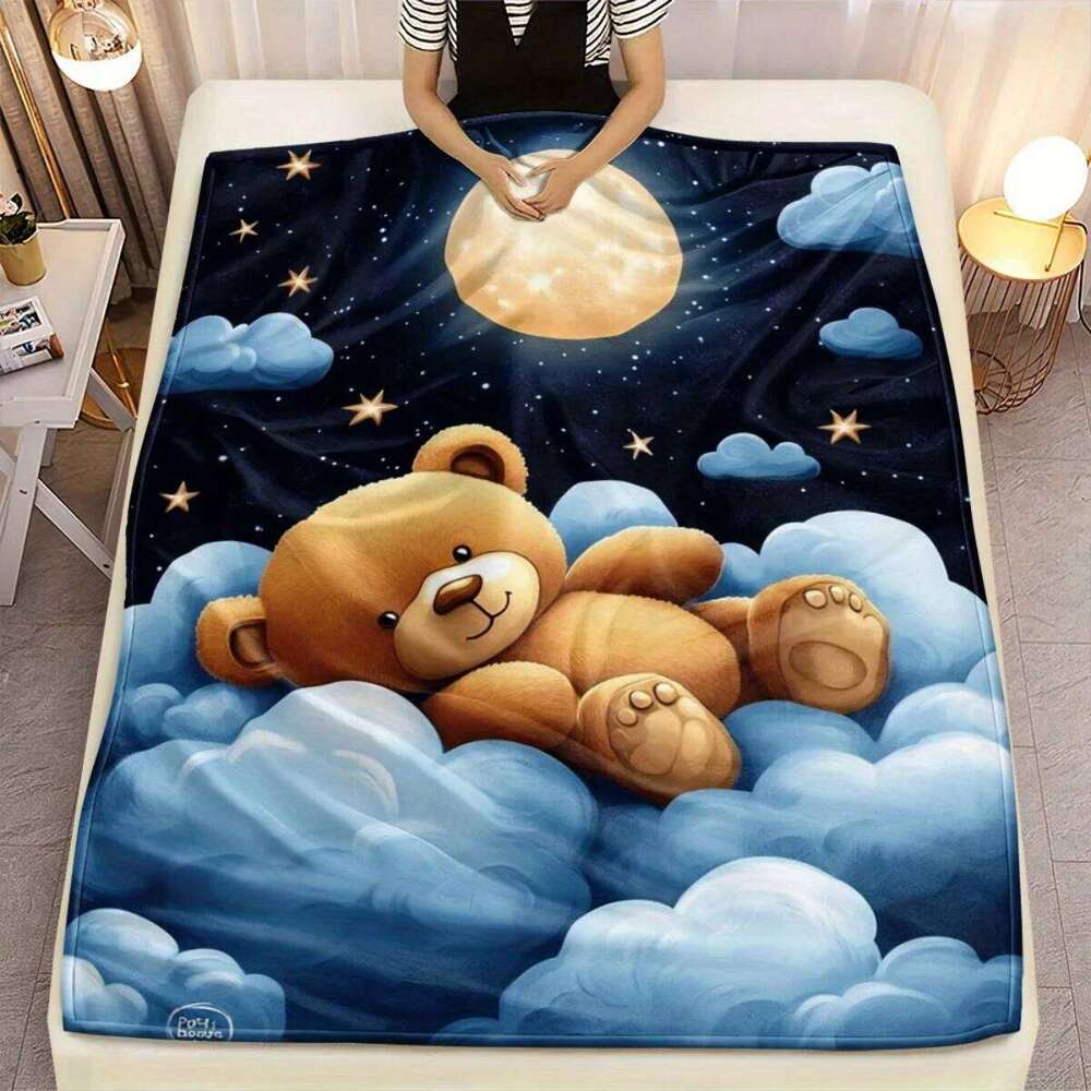 1pc Teddy Bear Moon Cloud Night Sky Flannel Blanket Cute Kids Bedding Soft Comforter Bedroom Decor Dreamy Sleep Gift XJ260112