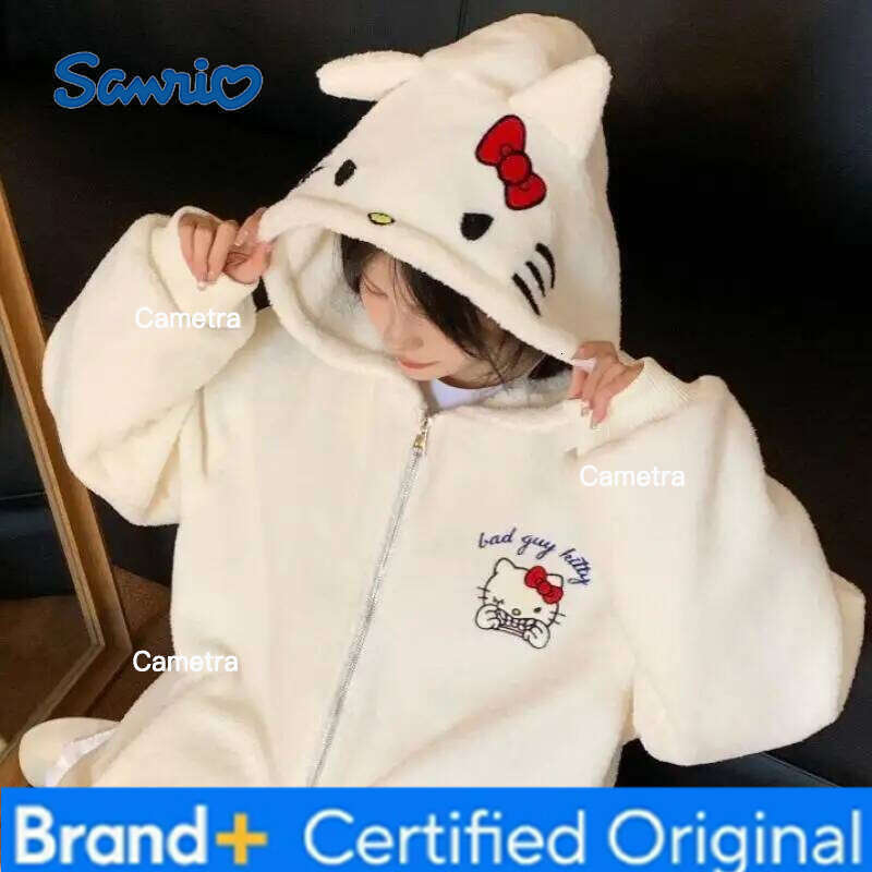 Sanrio Anime Hello Kitty Cute Jacket Cartoon Kawaii Y2K Women Tops Fashion Sweetheart Girl Sweatshirts Fleece Warm Hooded Zip-Up H260112
