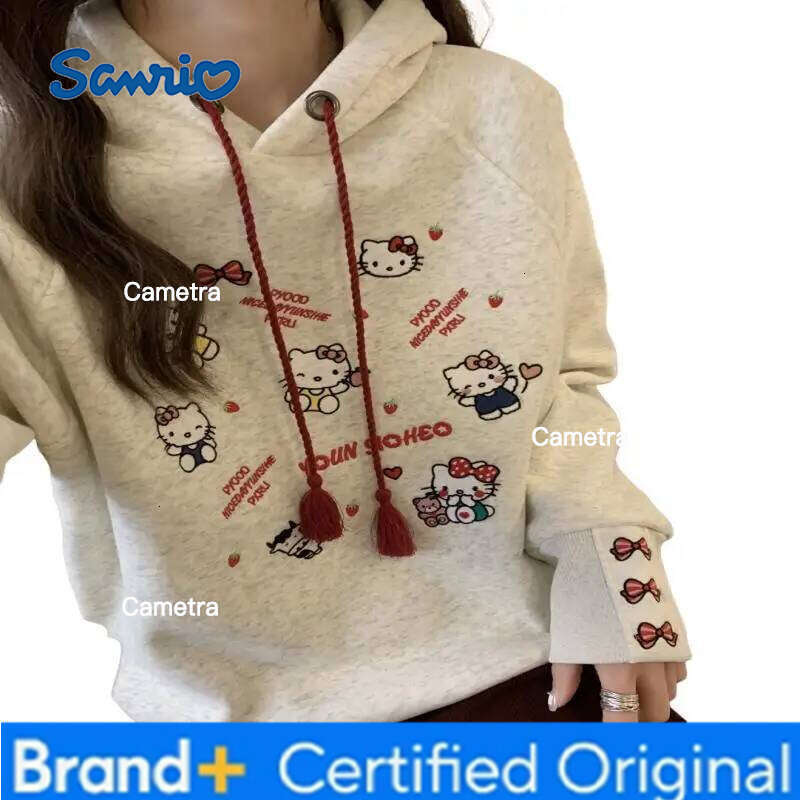 Sanrio Kawaii Kitty Hooded Sweatshirt Women Cartoon Embroidered Fleece Lined Thick Warm Loose Fit Casual Commuter Tops Autumn Winter H260112