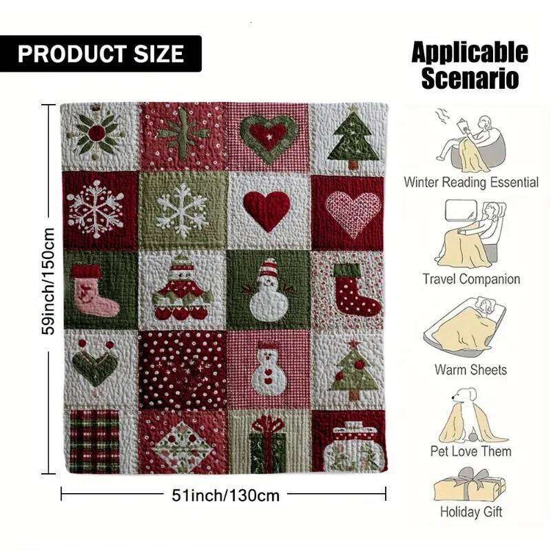1pc Festive Christmas Quilt Squares Print Flannel Throw Blanket - Cozy Holiday Design with Santa Hats Hearts and Snowflakes XJ260112