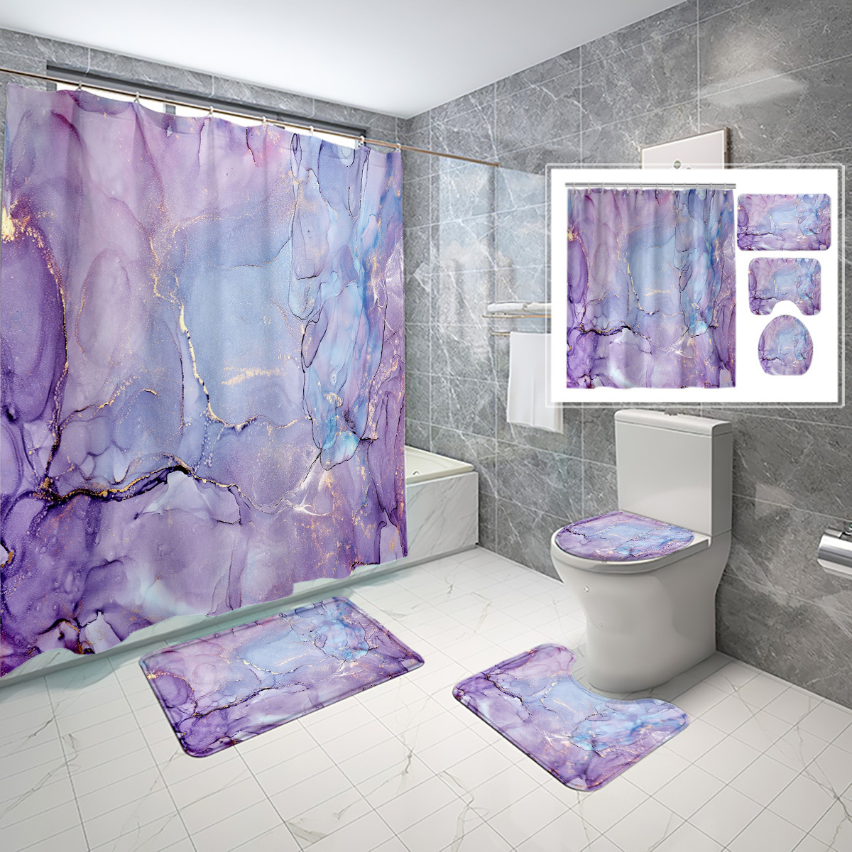 YL-38149 Golden Marble Digital Printed Waterproof Shower Curtain Set (4 Pieces) Wholesale