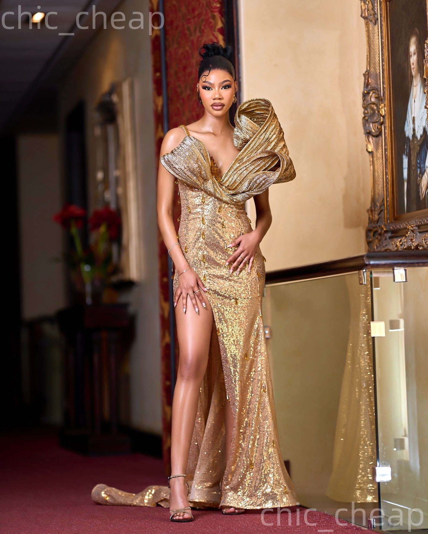 Aso Ebi Gold Mermaid Prom Dresses 2026 Crystals Backless High Split Sequined Evening Formal Party Second Birthday Engagement Gowns Dress For Special O