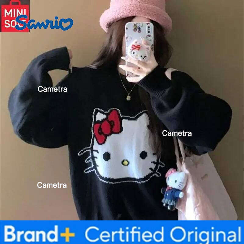 Sanrio MINISO Hello Kitty Jacquard Warm Round Neck Hooded Women's Loose and Slimming Knitted Sweater H260112